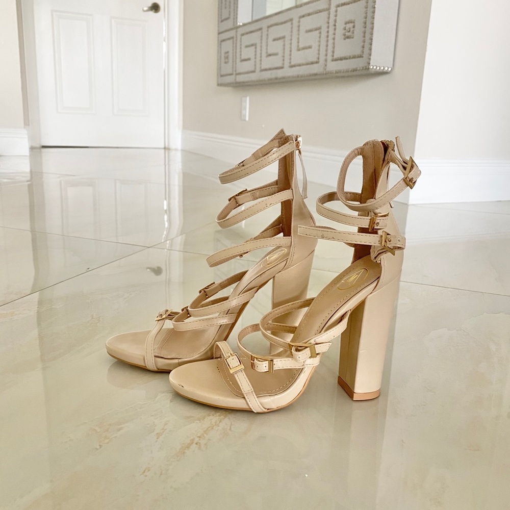 Nude Buckle Block Heels
